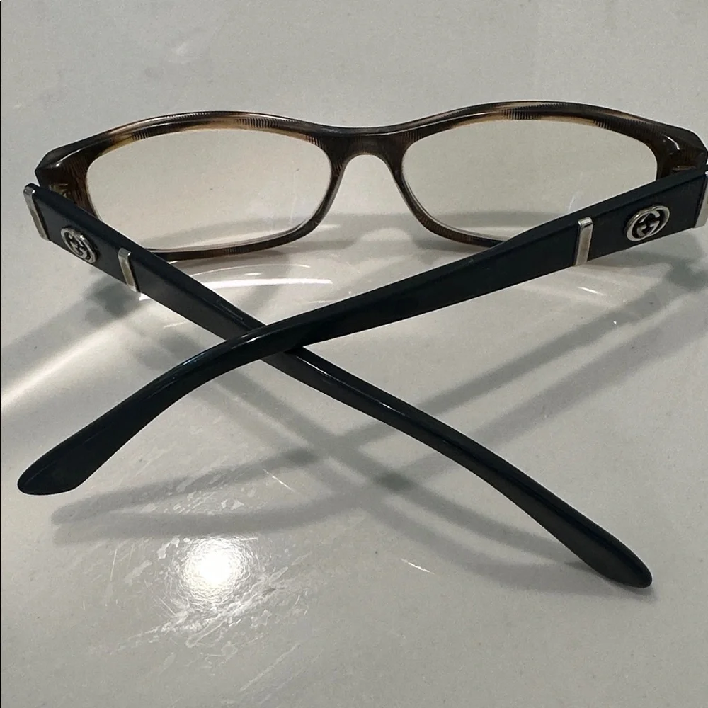 Gucci Blue Temple Tortoiseshell Front presentation Eyeglasses with Gold Logo